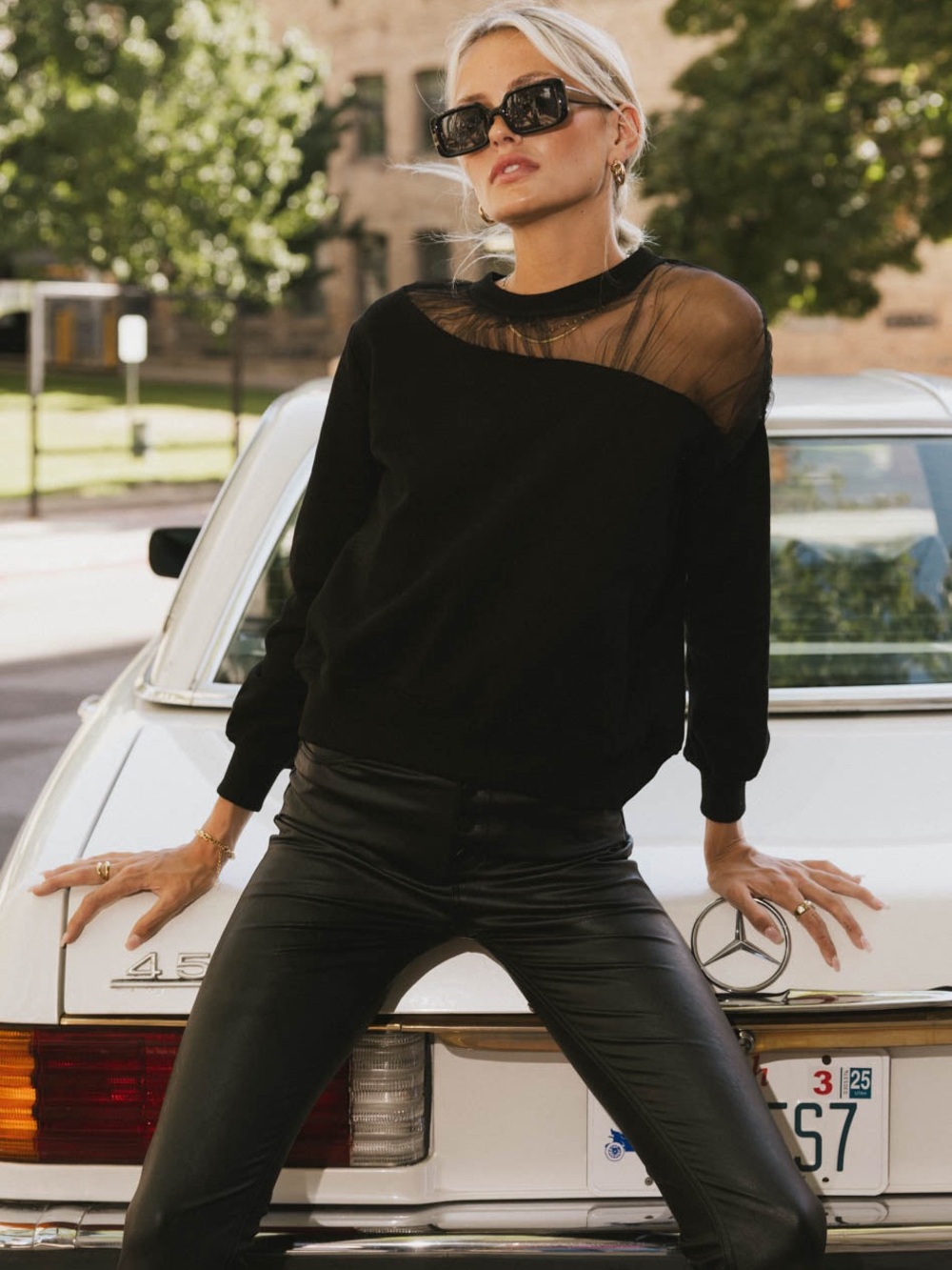 Black Sheer Yoke Crewneck Sweatshirt by